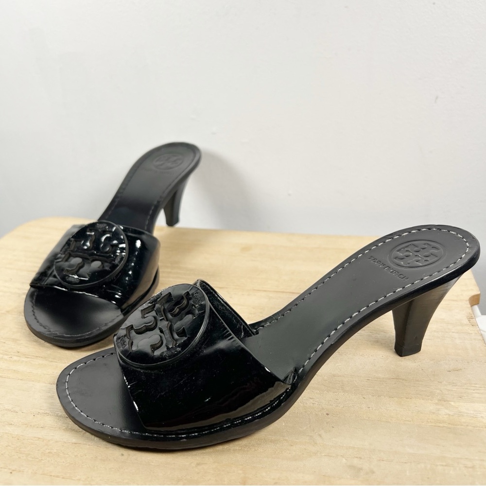 Tory Burch Black Patent Aerin Kitten Heel Mule Sandal Womens 7